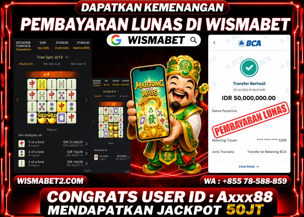 WISMABET - BUKTI KEMENANGAN Mahjong Ways Rp50,000,000,- LUNAS